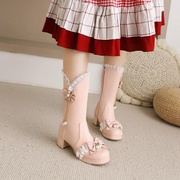 蝴蝶结白色粉红色靴子粗跟中跟中筒女甜美公主鞋小码大码女靴 GT