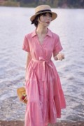 GOJO 法式V领衬衫仙女裙气质系带收腰显瘦蛋糕裙粉色亚麻连衣裙夏