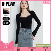 DPLAY春通勤黑色打底衫方领修身蕾丝拼接打底内搭小衫女上衣t恤