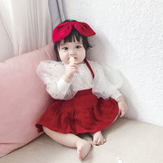 春季女宝宝公主洋气红吊带裙哈衣送发带&网纱蓬蓬袖打底衫
