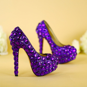 高跟鞋紫色水钻镶钻手工，水晶鞋新娘结婚鞋大码晚礼服，成人礼鞋婚纱