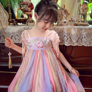 女童雪纺连衣裙夏季洋气儿童中国风改良汉服小女孩彩虹公主裙