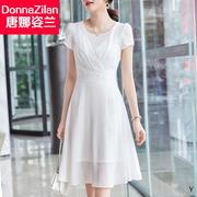 白色连衣裙女短袖2024夏季高端名媛气质小个子，时尚洋气雪纺裙
