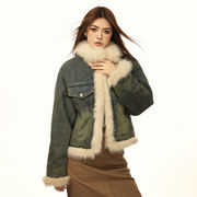 兔绒毛领牛仔棉服外套女冬季加绒加厚高级感保暖毛毛棉衣夹克