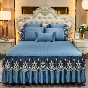 欧式夹棉床裙加厚纯色床单床罩席梦思防滑床套三件套1.8m2.0米