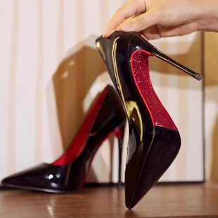 黑色漆皮高跟鞋女水钻，红底细跟性感，2024超高跟单鞋女浅口大码