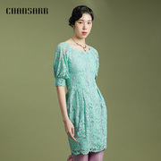 香莎chansarr气质绿紫双色蕾丝，连衣裙收腰修身灯笼袖花苞裙