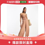 香港直邮潮奢 ASOS 女士设计亚麻抽褶紧身胸衣束带铁锈色连衣裤