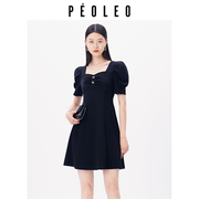 飘蕾法式连衣裙女2024夏季复古方领泡泡袖高级感小黑裙peoleo