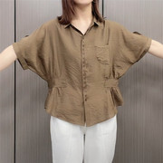 休闲时尚女士短袖蝙蝠衫 夏季通勤显瘦遮肉单排多扣纯色衬衫