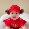婴儿发带护囟门帽夏季蕾丝，女宝宝假发发带头饰百天周岁发饰大红色