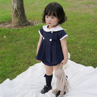 WONIU女童海军风短袖套装女宝宝翻领娃娃衫两件套夏季童装