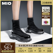 mio米奥2023年冬季圆头高跟中筒靴，显高厚底弹力靴酷飒袜靴女靴