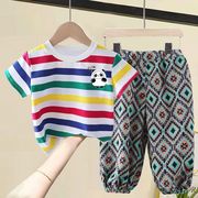 儿童夏季套装纯棉条纹短袖t恤薄款防蚊裤长款童装宝宝两件套