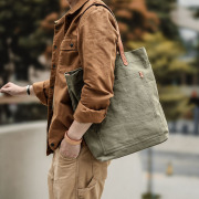 文艺复古牛皮配帆布包，男士单肩包日系斜挎包托特包男手提电脑包