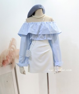法式荷叶边奶油蓝娃娃，衫2024春夏新女装，一字领小清新长袖衬衫上衣