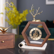 美式轻奢铜鹿实木时钟摆件客厅卧室黑胡桃木台式钟表创意家居座钟
