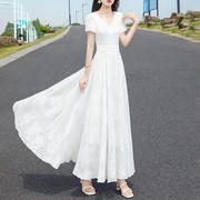 2023夏季超仙时尚白色高端真丝，桑蚕丝连衣裙，修身显瘦大摆长裙
