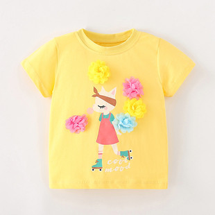 女童洋气上衣欧美风儿童黄色打底衫夏季宝宝圆领短袖T恤8
