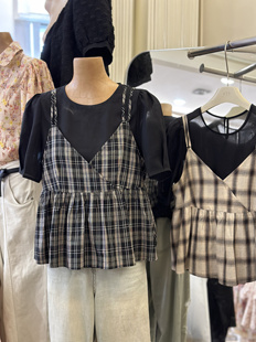 2024夏季韩版宽松复古格子背心吊带透视网纱T恤叠穿设计感两件套