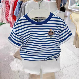 特2024夏季男童条纹纯棉短袖T恤海军风小熊上衣