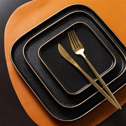 黑色磨砂带金边陶瓷正方形盘子，家用牛排餐盘，西餐盘点心盘碟子餐具