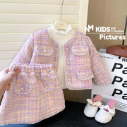 女宝宝洋气二件套2023冬季女童韩版珍珠彩色夹棉外套裙子套装