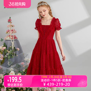 艾丽丝2024新年夏季中长款连衣裙女红色短袖，网纱蕾丝公主裙子