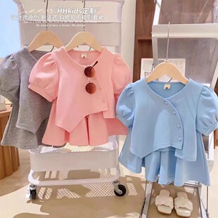 女童纯棉短袖上衣休闲套装2023夏季韩版宽松短裙女宝宝两件套