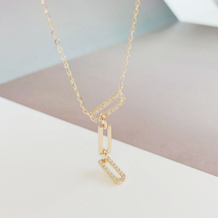 K金带钻项链 锆石长方形套链 黄金时尚女款纯金颈链 14K金锁