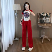夏季新中式国风休闲时尚套装女复古盘扣短袖，t恤红色阔腿裤两件套