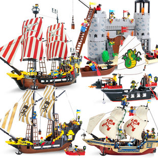 启蒙308黑珍珠号小颗粒积木拼装益智玩具加勒比海盗船城堡男孩