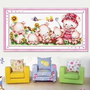 动物图案十字绣2024猪可爱卡通母子情深儿童房间打发时间挂画