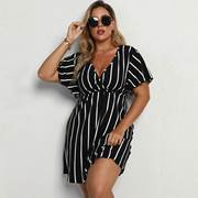 2022 summer plus size women dresses 大码宽松V领条纹连衣裙