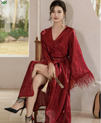 晨袍女新娘高级感睡衣结婚法式礼服，新中式春秋婚礼丝绸红色长款睡