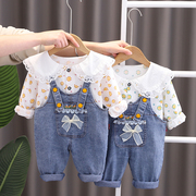 女宝宝套装春秋婴儿背带裤洋气，韩版1-3岁女童，牛仔5小童两件套