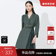 XG/雪歌XI104008A543军绿色连衣裙2023春季网纱长袖A字裙女装
