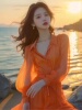 橘色雪纺衬衫连衣裙女2024夏季法式独特别致绝美收腰海边长裙