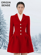 大红色长袖西装小外套，蓬蓬超短粗纺连衣裙，红色回门小礼服外套裙