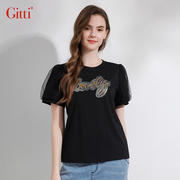 Gitti/吉蒂穿珠片刺绣圆领棉短袖女显瘦大码泡泡袖T恤G231425