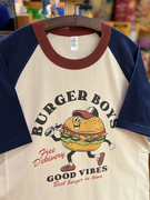美式复古vintage可爱汉堡趣味，拼色插肩纯棉重磅，男女情侣t恤