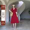 高级感法式赫本风红色连衣裙长款夏季女2024收腰显瘦气质长裙