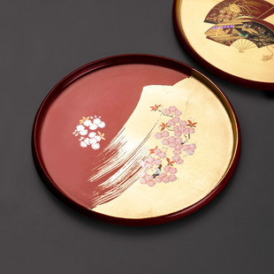 日本进口箔一富士樱花，漆器盘日式手工，家用金箔茶盘托盘水果盘