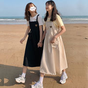 送包包夏季甜美爱心工装背带连衣裙女学生韩版吊带中长裙单件套装