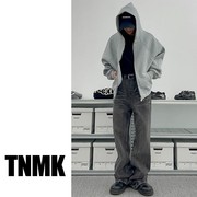 TNMK美式重磅500G灰色开衫卫衣男女纯色基础连帽短款拉链帽衫外套