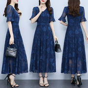藏蓝色裙子质感高级感连衣裙，2023夏装显瘦雪纺薄纱裙气质大摆长裙