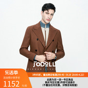 jodoll乔顿100%纯羊毛大衣，男冬季韩版时尚棕褐色双排扣呢外套