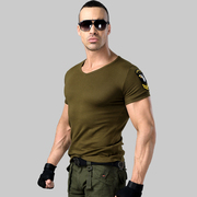 同盟军户外军迷短袖t恤男装军绿色弹力V领紧身T恤型男健身时尚T恤