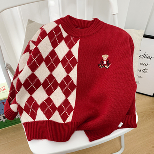 男童洋气红色毛衣冬季儿童装圆领，织衫打底套头衫，中小童宝宝毛线衣(毛线衣)
