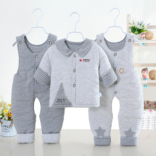 婴儿棉衣套装冬季加厚款0-3-6月男女宝宝可爱衣服洋气9纯棉三件套